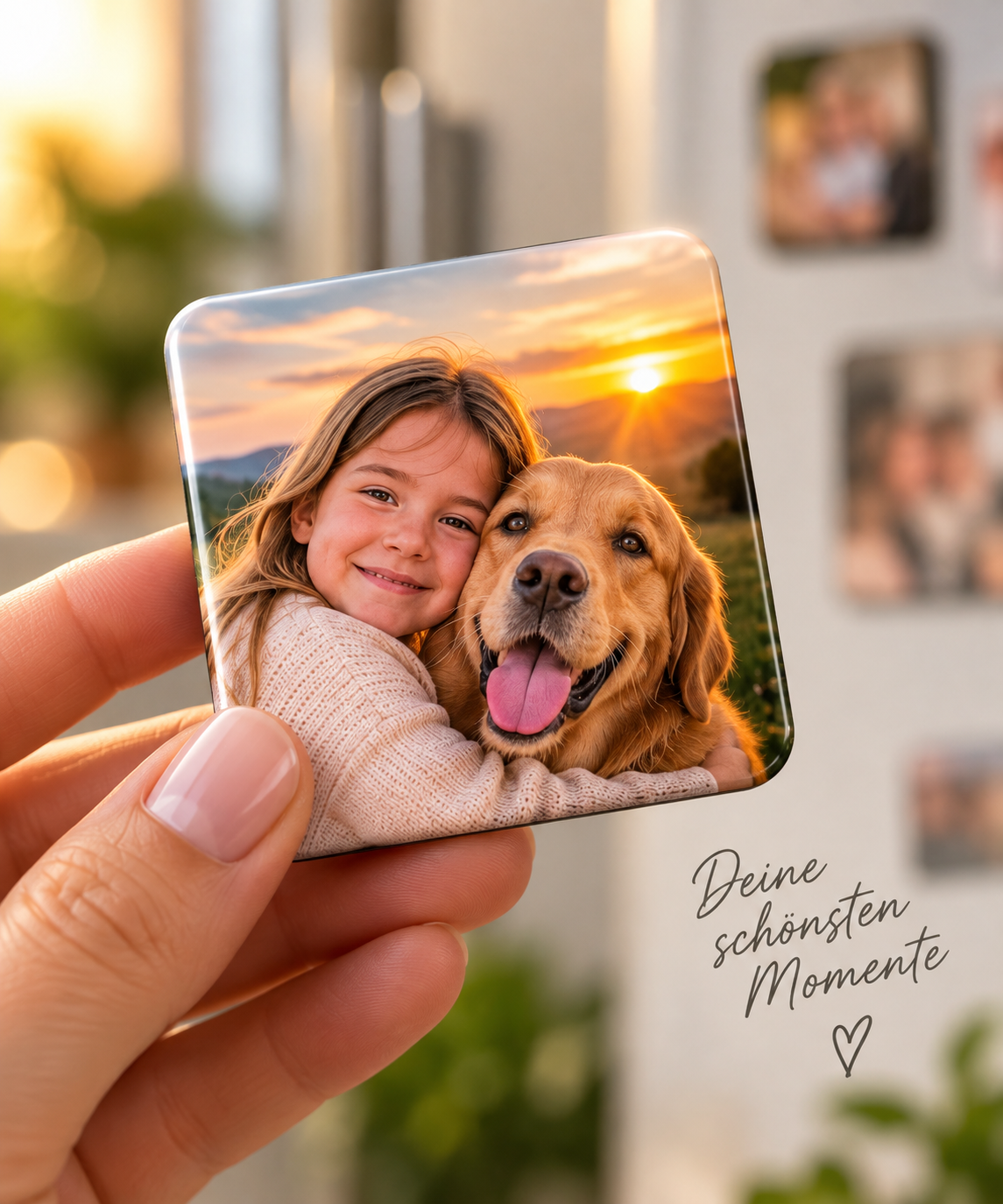 Personalisierter Fotomagnet 50 × 50 mm mit Foto von Mädchen und Golden Retriever, Schriftzug „Deine schönsten Momente"