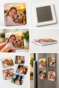 Fotomagnete 50 × 50 mm im Überblick: Einzelansichten, Rückseite und Magnete am Kühlschrank